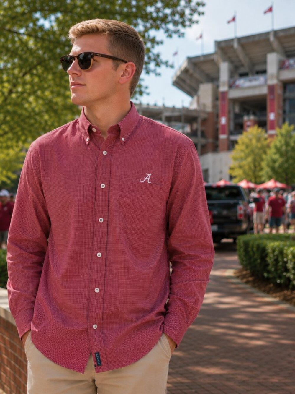 Alabama Crimson Tide Gingham Button Down Shirt Men's L Red White Cotton Logo